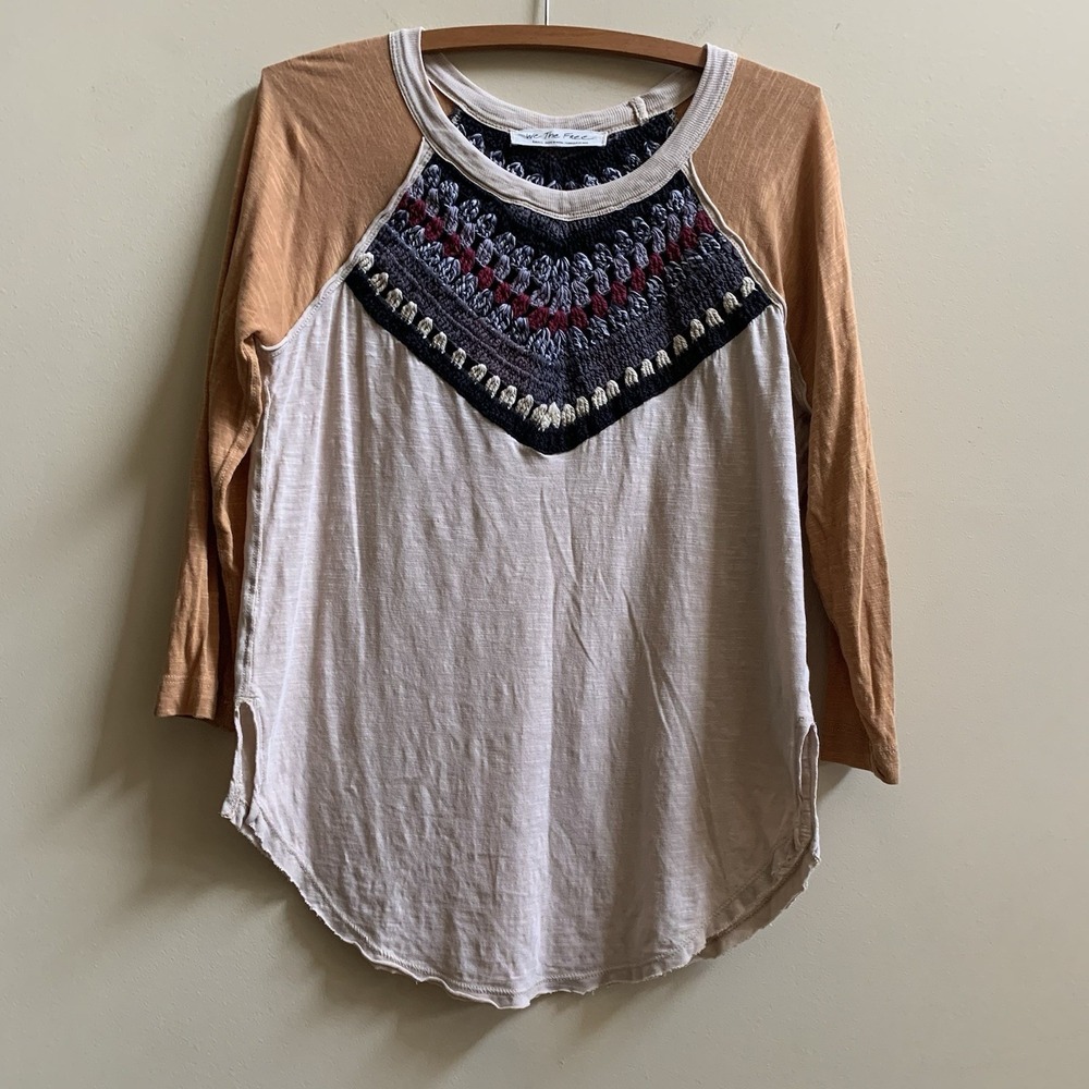 We the Free People Spring Bound Crochet Yoke Linen Blend Top Boho Women's SZ - S